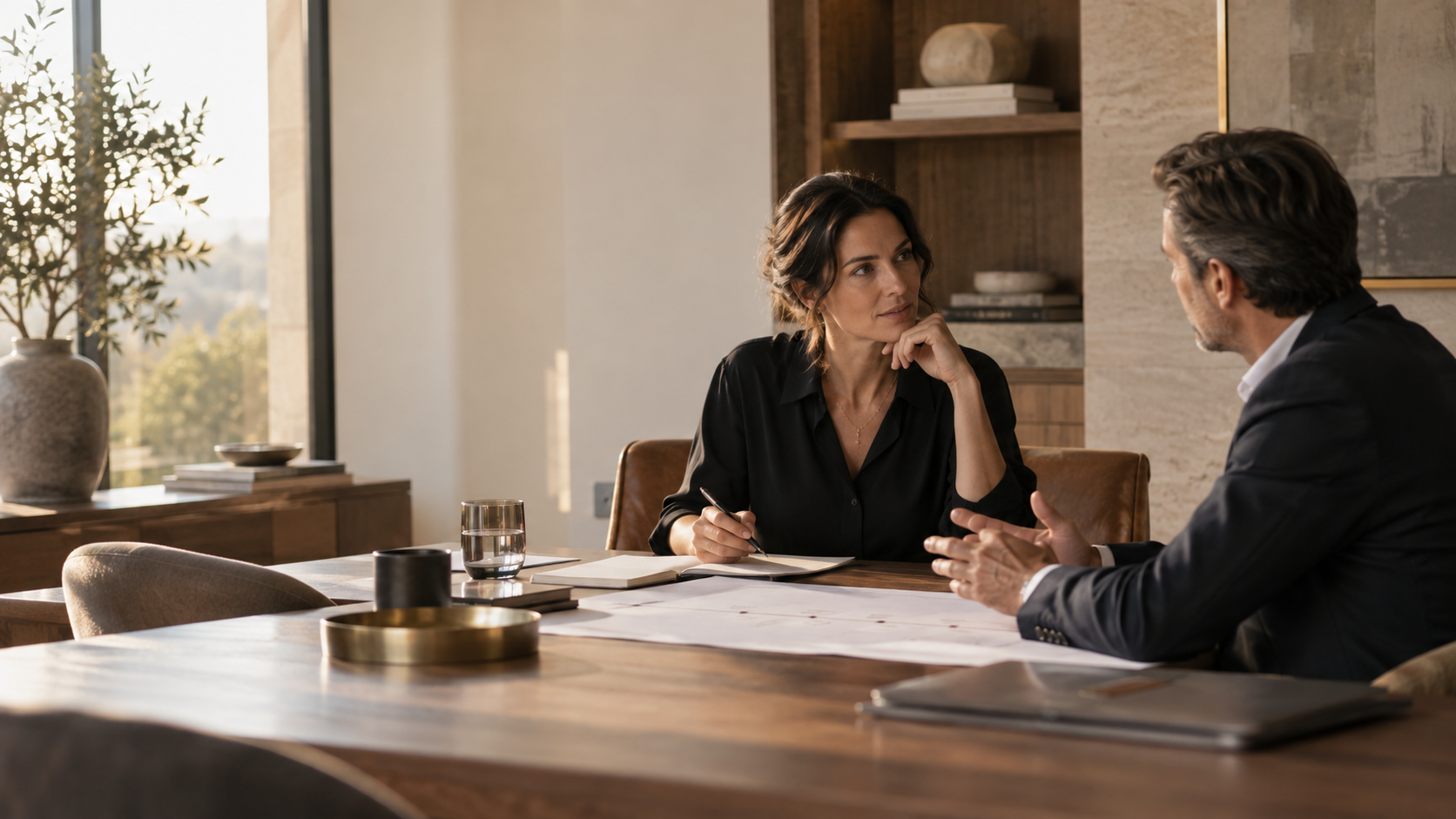 A founder and advisor talking across a table