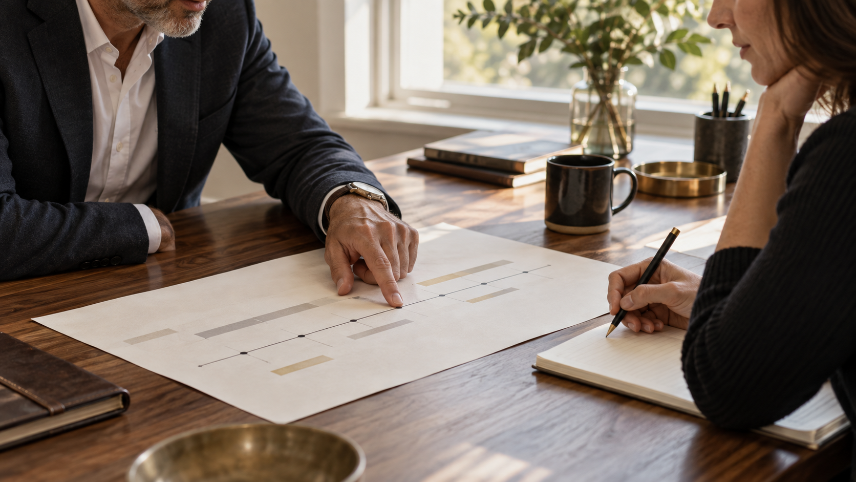 Two people reviewing a financial planning timeline together